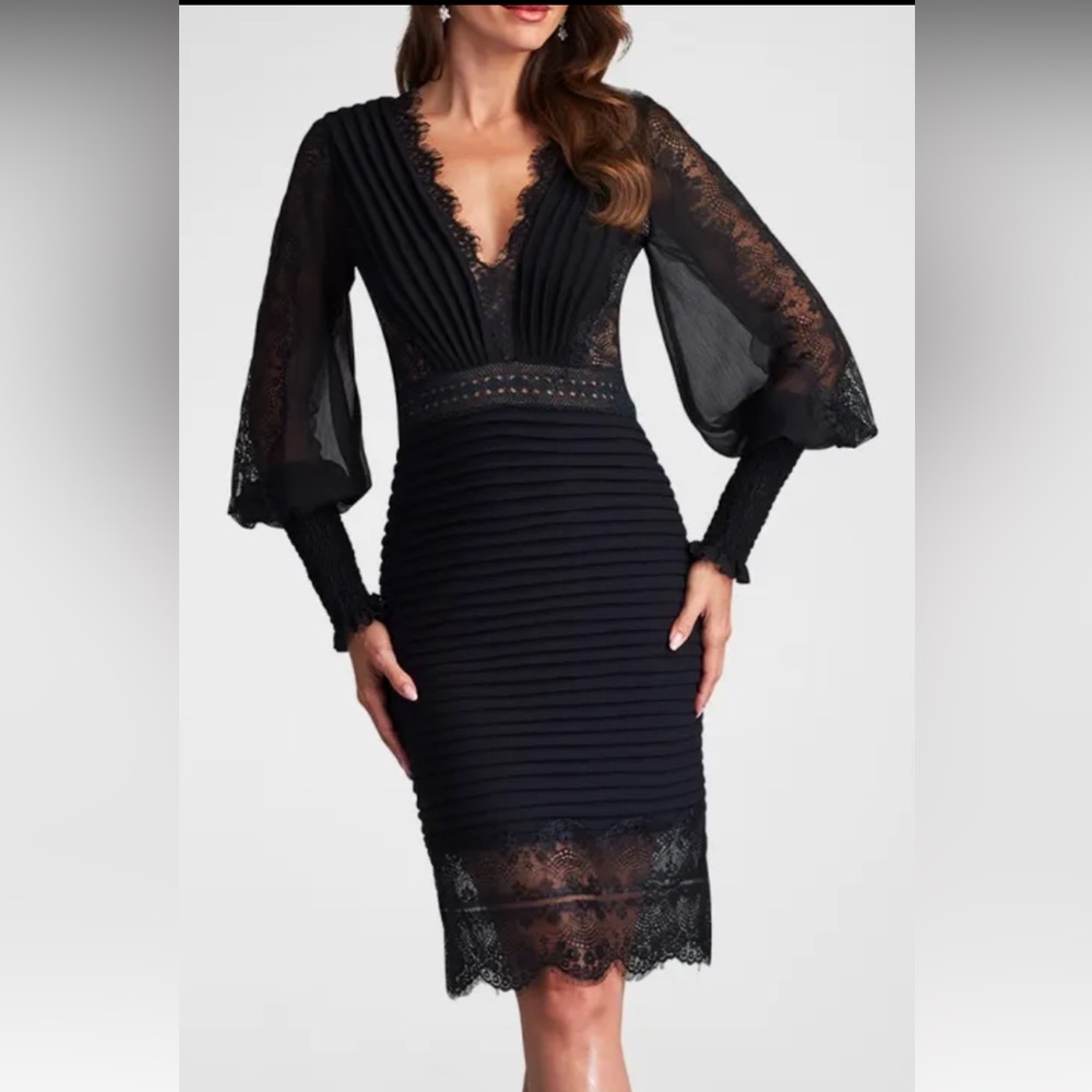 Tadashi Shoji Pleated Lace-Trim Bishop-Sleeve Midi Dress size 12